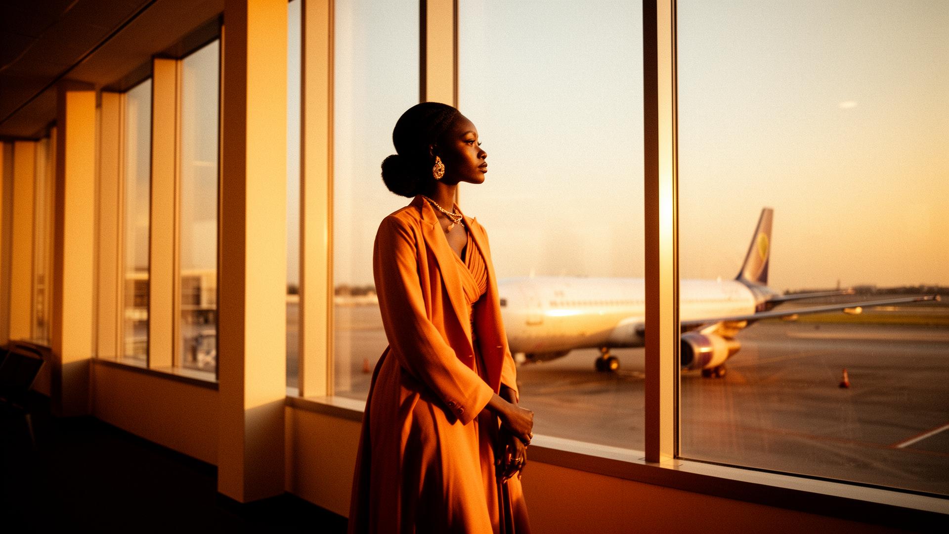 A Ghanaian traveler at the departure gate at golden hour